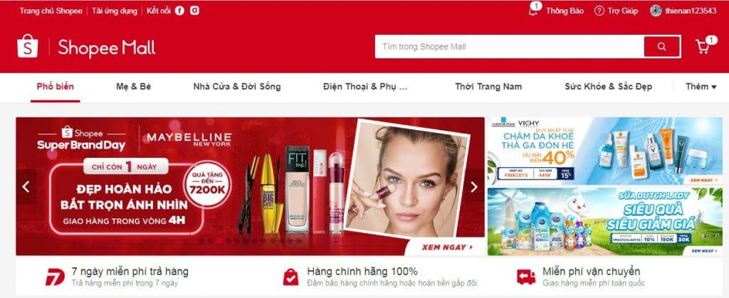 Giao diện banner Shopee Mall bắt mắt ngay trên trang chủ của Shopee