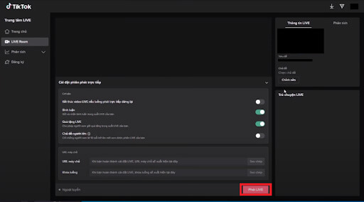 Bắt đầu livestream Tiktok Studio